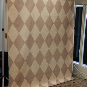 tan harlequin photo backdrop set up